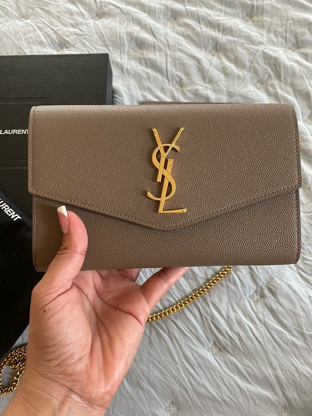 Saint Laurent Taupe Crossbody Wallet with Gold YSL Logo